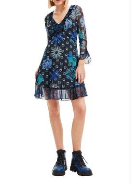 DESIGUAL Print Ruffle Mesh Mini dress Size XXL Plus Size Blue Black 3/4 Sleeves